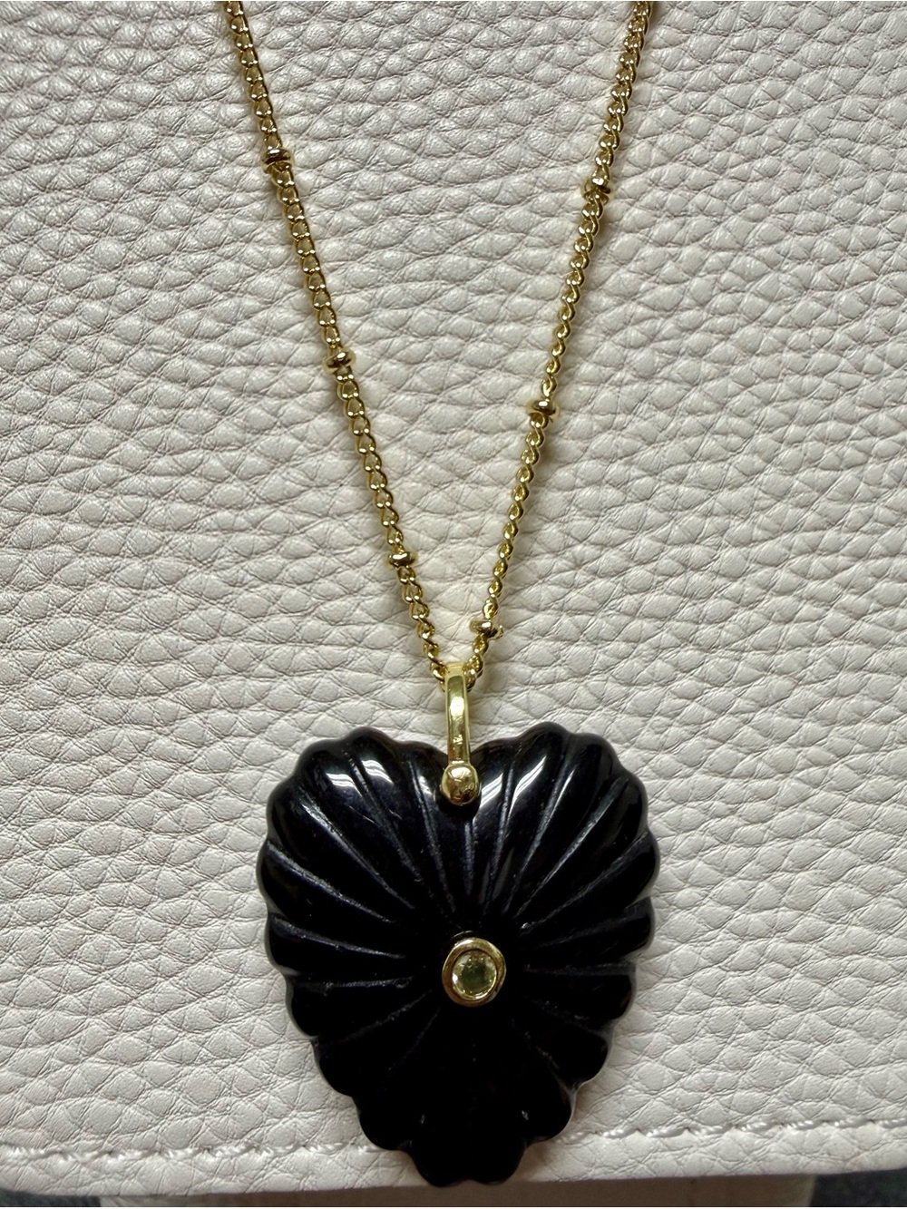 Beaded Gold Chain Necklace with Black Obsidian Carved Heart Pendant *NEW